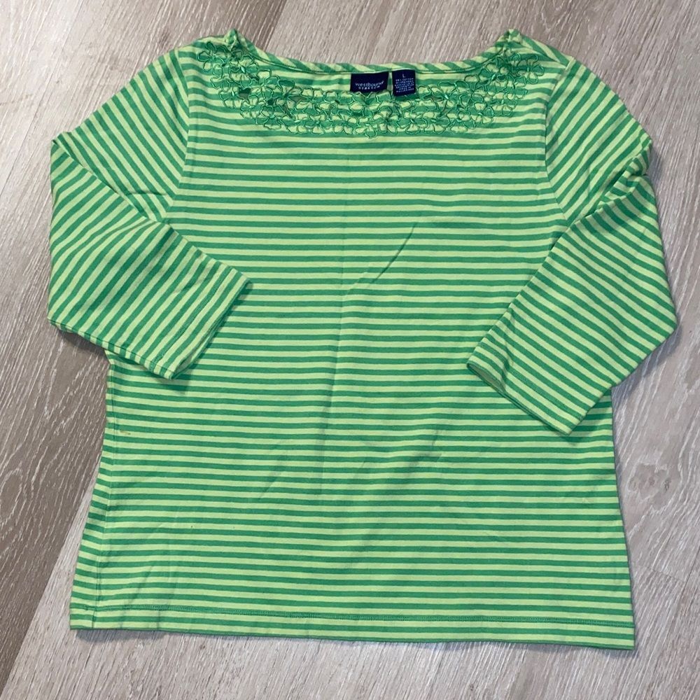 Westbrook Green Striped with Floral Detail Neckline Top
